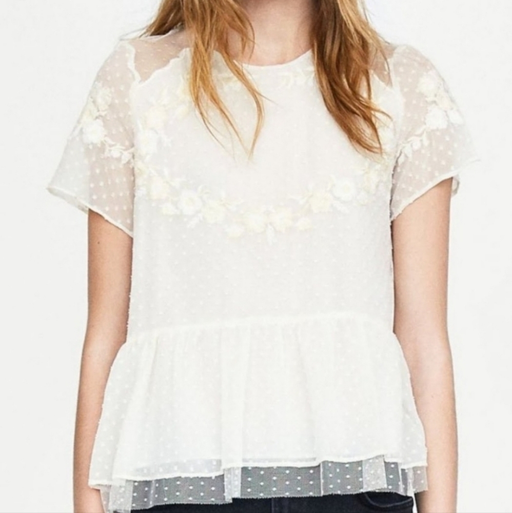 ZARA | Short Sleeve Sheer Swiss Dot Tulle Blouse with Embroidered Flowers Medium